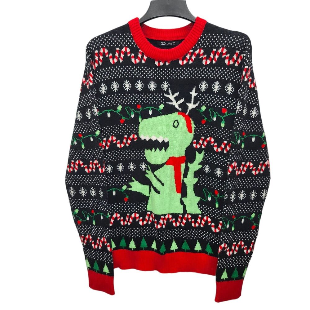 Simplee Christmas Sweater Mens XL Black Red Green Dinosaur Candy Cane Holiday
